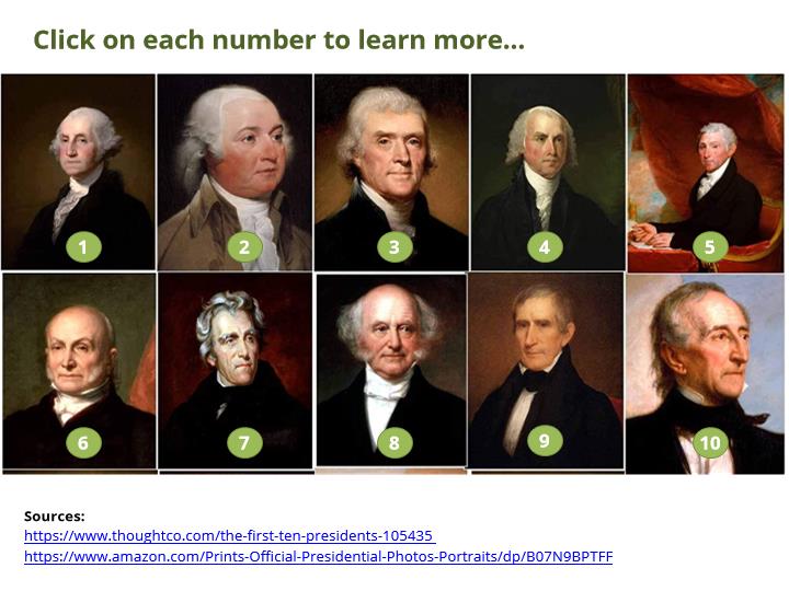 Open the presidents interactive. Portraits of the first ten U.S. presidents in two rows, each labeled with a number from 1 to 10