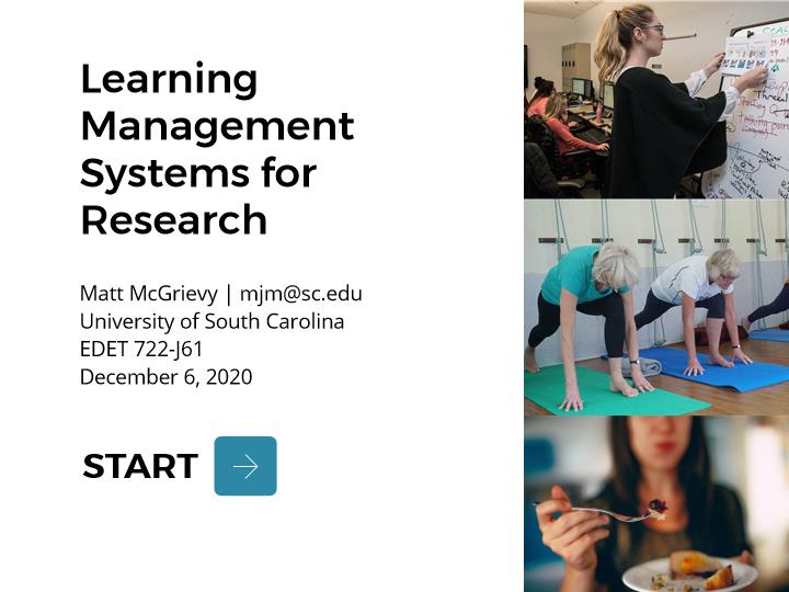 Open the LMS module. Title slide: Learning Management Systems for Research, with photos of a researcher at a whiteboard, an exercise class, and a person eating